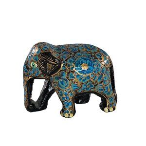Hand-Painted Paper Mache Wood Elephant Figurine Blue Gold Floral Black 2"